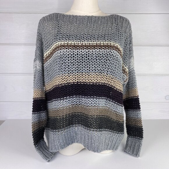 Open Knit Stripe Sweater S Boxy Oversized Boho Chic Bohemian Neutral Earthy Fall - Picture 4 of 8